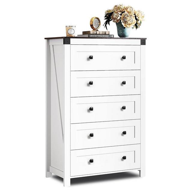 WLIVE Farmhouse White Dresser for Bedroom, 5 Drawer Dresser Storage Organizer, Tall Wood Dressers with Double Rustic Handle, Chest of Drawers for Living Room, Hallway, Closet