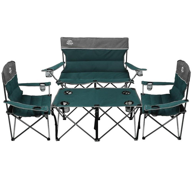 LANMOUNTAIN Oversized 4 Pcs Camping Chair Set with Table,Outdoor Folding Heavy Duty Lawn Chair,Cup Holder,Portable,Loveseat Chair Perfect for Family Hiking,Picnics and Beach Trips,Bistro Green