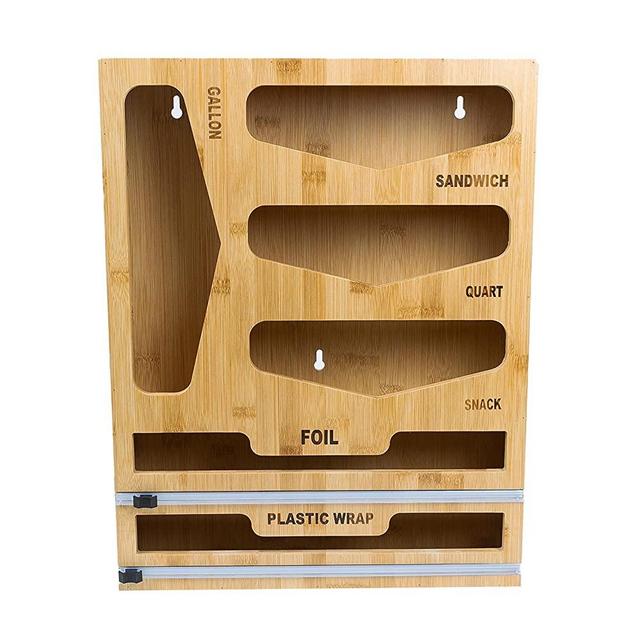 Ziplock Bag Organizer with Plastic Wrap and Foil Dispenser, 6 in1 Ziplock/ Food Storage Bag Organizer, Holders for Gallon, Quart, Sandwich and Snack Sized Bags, 2 Dispensers with Slider Cutter for Foil and Plastic Wrap, Fits in most Kitchen Drawers Snugly, HeavyDuty Kitchen Food Storage Organizer made with Beautiful and Lasting Bamboo