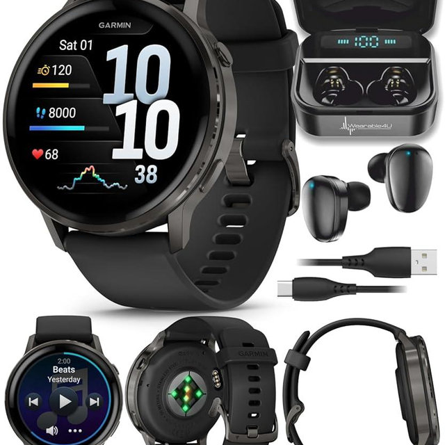 Garmin Venu 4 45mm AMOLED Advanced Health & Fitness GPS Smartwatch, Bright & Colorful Display, Built-in Flashlight, Up to 12 Days, Slate with Black Silicone Band w/Wearable4U Black Earbuds Bundle