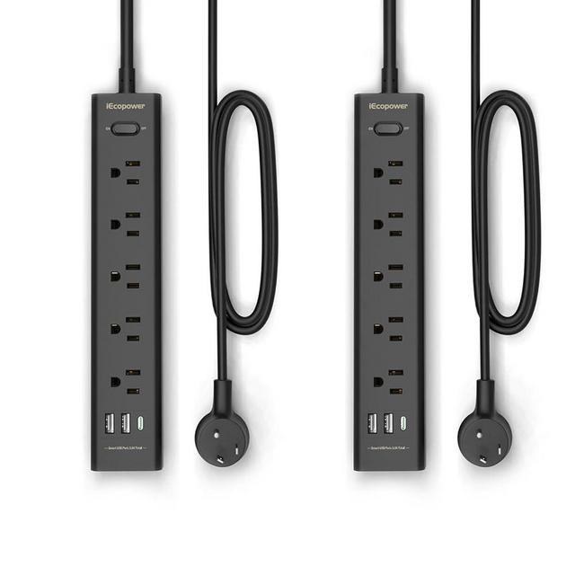 2 Pack 10ft Power Strip, Surge Protector with 5 Widely Outlets and 3 USB Ports（1 USB C Port）, 10ft Extension Cord(1250W/10A), Wall Mount, 700 J, ETL,Black
