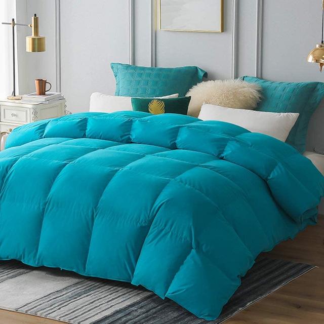 WarmKiss Luxurious Blue Down Comforter Queen Size，100% Skin-Friendly Cotton Cover, All Season 750 Fill Power Down Duvet Insert with Corner Tabs (90x90, Blue)