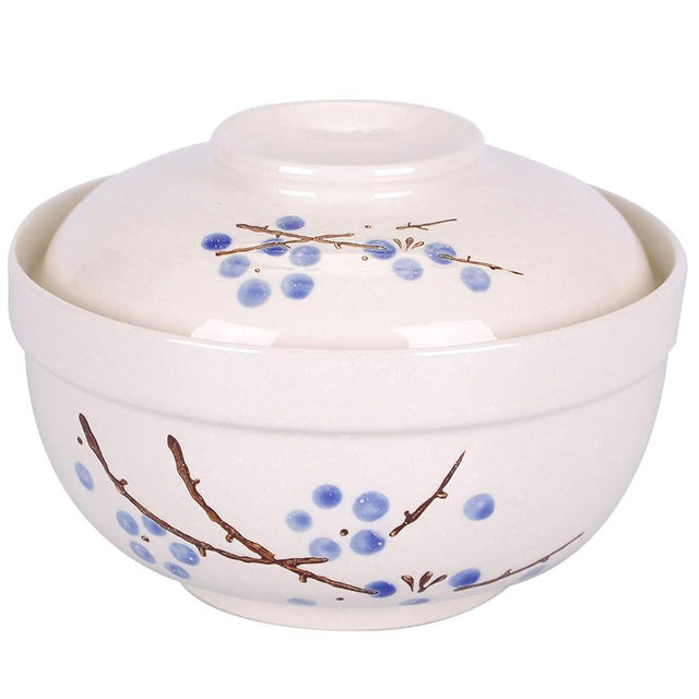 WHJY Japanese Creative Hand-painted Ceramic Tableware with Lid for Soup and Noodles, with Heat Preservation Function, Integrated Bowl and Lid - Blue Plum