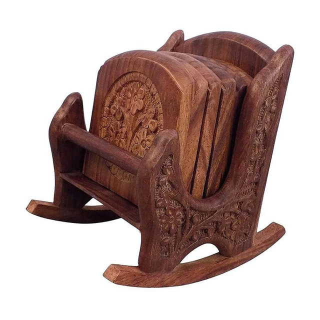 Zyntix Handmade Wooden Tea Coasters Set of 6 Drink Table for Tea Cups Coffee Mugs Beer Cans Bar Tumblers and Water Glasses Chair Shape Coasters Full Carving