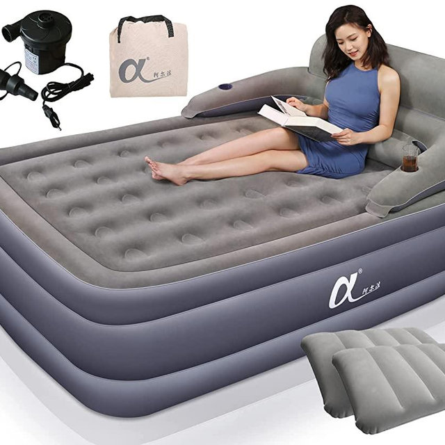 A-ER-FA Queen Size Air Mattress with Headboard , 3 Mins Quick Inflation/Deflation Inflatable Airbed , 20 Inches High Blow Up Bed with Comfortable Flocked Top for Home Guest Travel Camping(QUEEN)