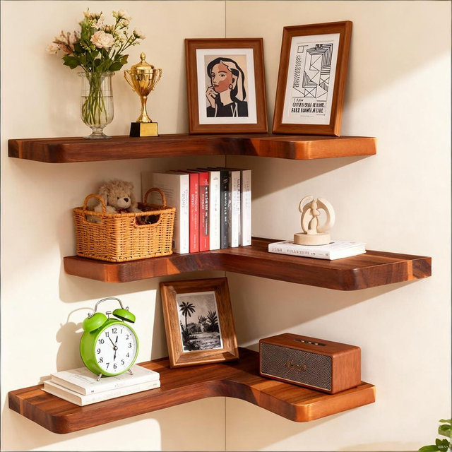 Vainaive Floating Corner Shelves, Wall Shelf Set of 3, Shelves for Wall Storage, Solid Wood Shelves for Storage, Wall Mount Wooden Display Shelf for Bathroom Bedroom Kitchen Garage (Acacia, 3pcs)