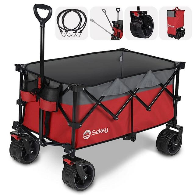 Sekey Collapsible Foldable Wagon with 220lbs Weight Capacity, Heavy Duty Folding Utility Garden Cart with Big All-Terrain Beach Wheels & Drink Holders.Red&Grey