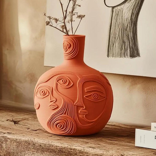 Abstract Faces Inspired Round Vase - 3D Printed Modern Art Sculpture Decor 9.5 inch Contemporary Minimalist Vessel
