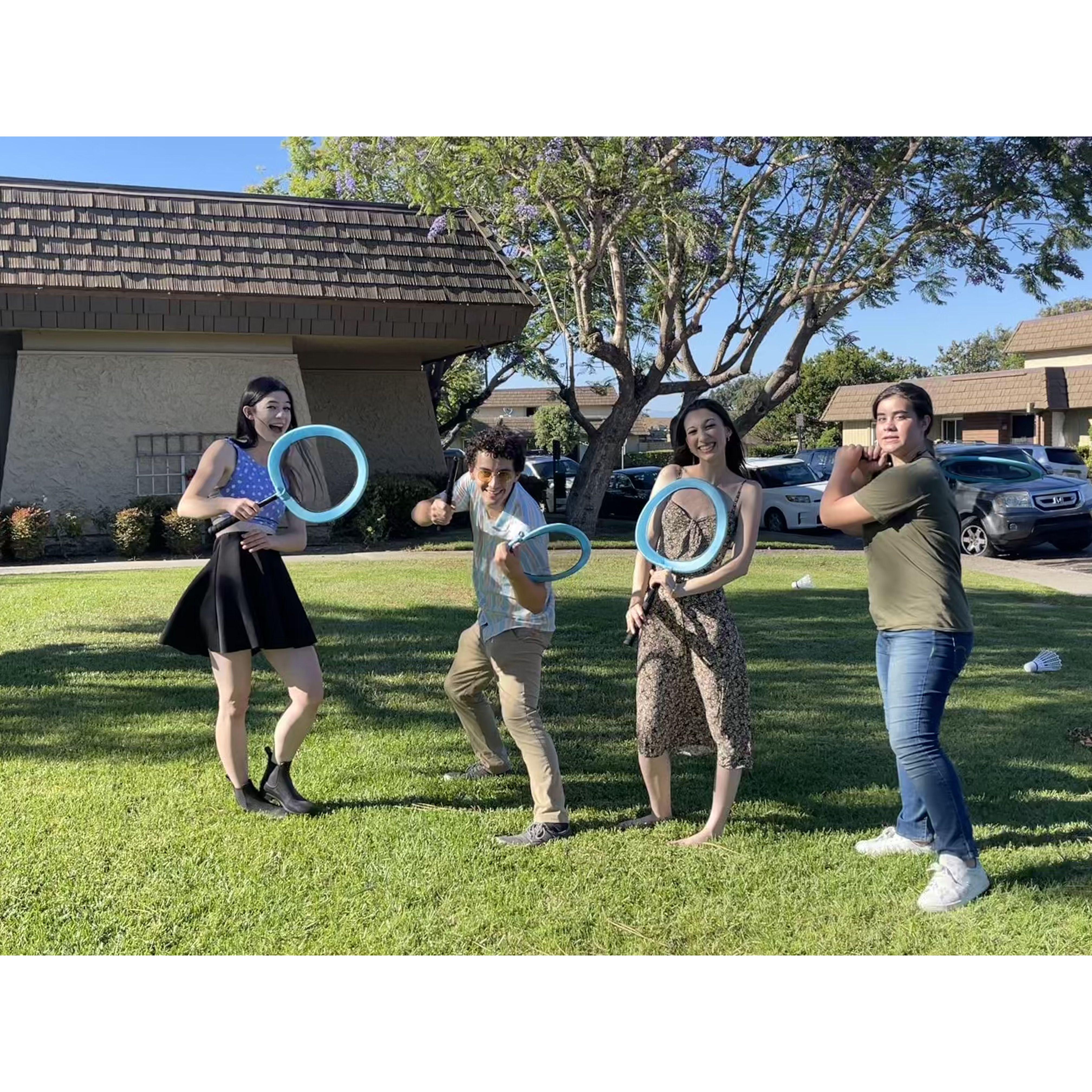 Leo ready to break a paddle at his graduation party.