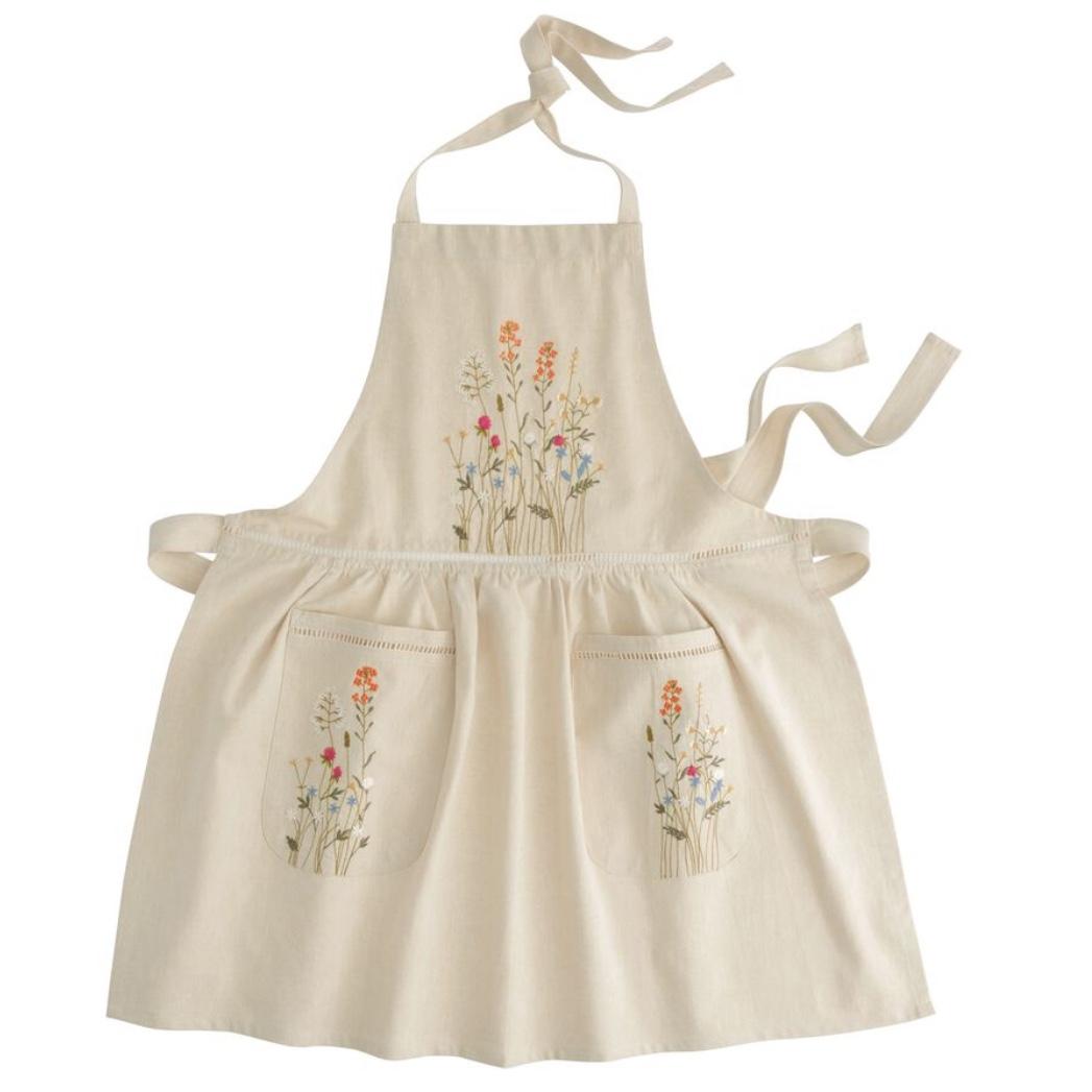 Natural Embroidered Floral Apron with Lace Trim - World Market