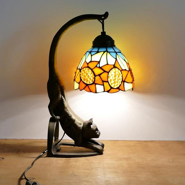 Tiffany Style Table Lamp, 6 inch Stained Glass Bedside Lamp with Cat Base, 16 inch Tall, Vintage Antique E27 Nightstand Night Light for Bedroom Living Room Kid's Room,5