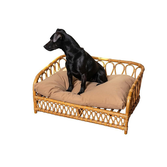 THE LICKER STORE DBD1005A Elevated 27.5" x 17" Bohemian Handwoven Rattan Dog Daybed with Machine-Washable Cushion, Natural