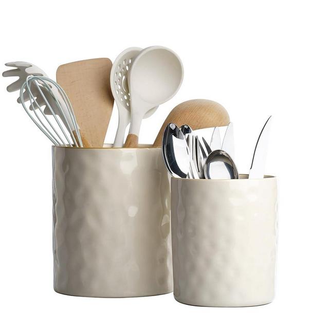 famiware Ocean Utensil Holder, 7.2"+5.8" Ceramic Kitchen Utensil Holder for Countertop, Cooking Utensil Crocks, Utensil Organizer for Spatula & Spoon, Kitchen Decor, Set of 2, Vanilla White