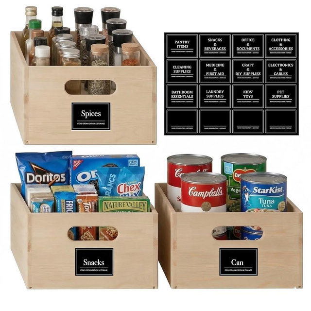 WooOrganix 3 Pack Wooden Pantry Organizers and Storage Bins, Natural Wood Grain Storage Basket with Handle, Rustic Wooden Crate for Kitchen Cabinet Office Bathroom