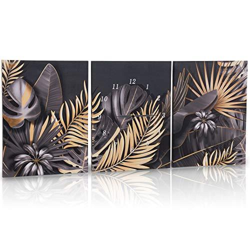 Maison & Beyond 3 Piece Canvas Wall Art Set with Analogue Clock for Bedroom, Bathroom - Stretched, Black, Grey and Gold Panel Paintings. Office Framed Wall Decor Premium, Lightweight Modern Wall Art