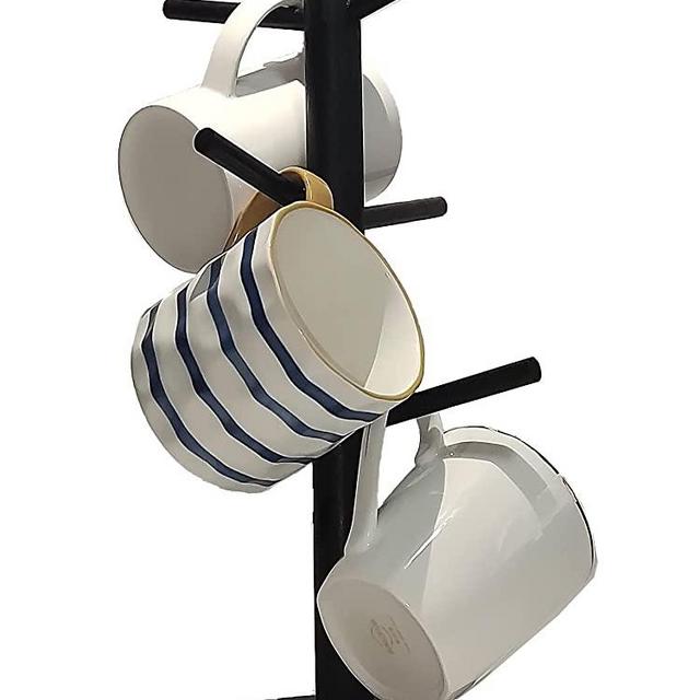 Dorhors Mug Tree,Mug Hanger Stand,Coffee Cup Holder with 6 Hooks,Wood Coffee Mug Holder for Counter (Balck)