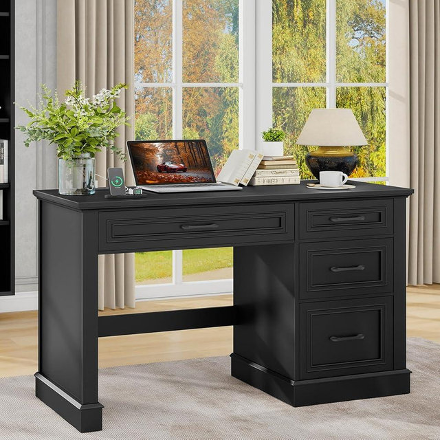 Vabches Farmhouse 47" Executive Desk, Computer Desk with Drawers and File Drawer, Workstation Computer Desk with Charging Station for Home Office, Study,Pure Black.