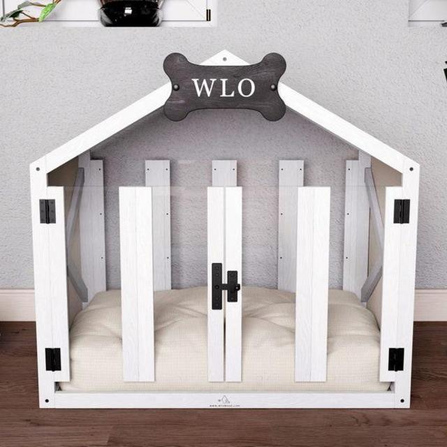 White & Ivory Gabled Solid Pine Dog House, Wooden Pet House, Cat Bed Wood Dog House, Pet House, Pet Furniture, Dog Furniture, WLO Wood