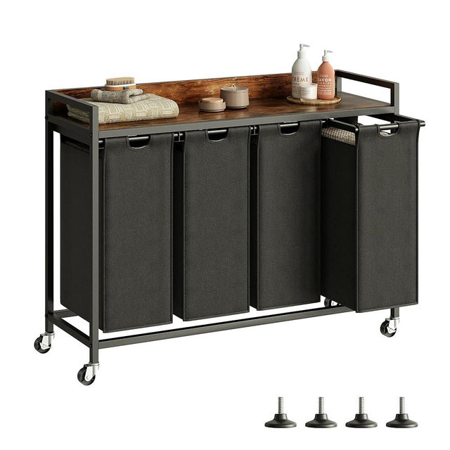 Herture Laundry Hamper with Shelf, Laundry Basket 4 Section, Laundry Sorter with Pull-Out Removable Large Bags and Movable Wheels, Metal Frame, 4 x 15.87 Gallons (60L), Rustic Brown + Blck PF07XLY