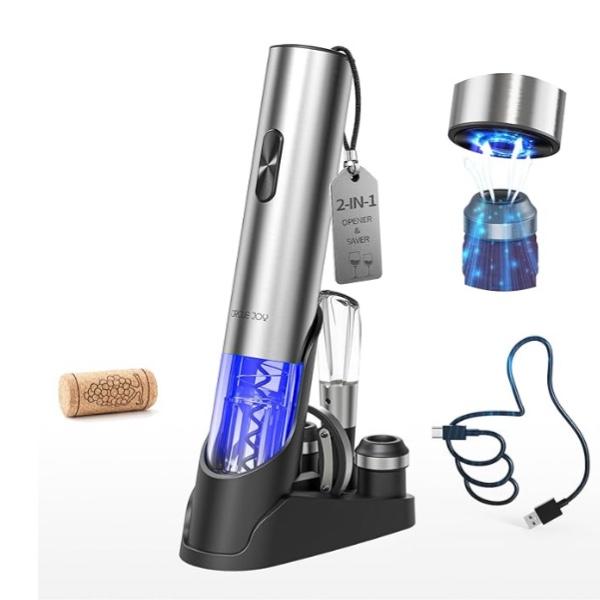 CIRCLE JOY Electric Wine Opener 7-in-1 Stainless Steel Rechargeable Electric Wine Bottle Opener Gift Set with Automatic Vacuum Pump, Foil Cutter, Wine Pourer, 2 Vacuum Stoppers & Charging Station