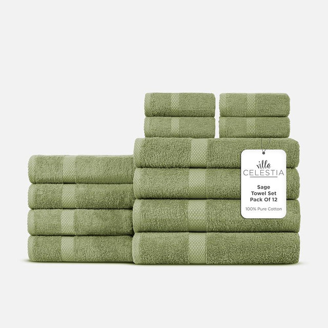 Villa Celestia 100% Cotton Bath Towel Set of 12-4 Bath Towels, 4 Hand Towels, 4 Wash Cloths, Sustainable, Soft, Highly Absorbent, Combed Cotton 12 Piece Set for Hotels, Spa, Bathroom, Dorm, Sage