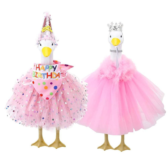Hoemwarm 2 Set Princess Birthday Porch Goose Outfit for 23"/17" Cement Lawn Goose Costume with Hat Bandana Crown Necklace Feather Trim Pink Tutu Skirt for Outdoor Garden Lawn Decor
