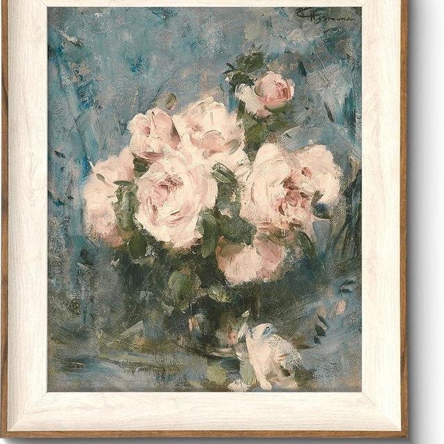 ASTRDECOR Framed Vintage Wall Art for Living Room, Vintage Floral Home Decor Aesthetic, Victorian Pink Rose Bouquet Oil Painting Blue Canvas Wall Art Prints, Antique Flower Pictures Blue Artwork for Living Room-10''x12''
