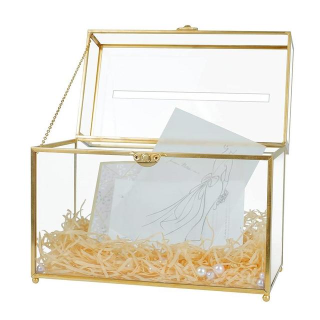 Jajamy Glass Wedding Card Box with Slot, Large Clear Card Box Gold Brass Gift Card Storage Box Perfect for Wedding Receptions, Baby Shower, Birthday Party, Bridal Shower Greeting Card Glass Organizer