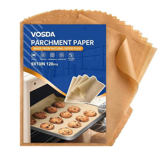 Vosda Parchment Paper Sheets for Baking 9-13 IN 120p Precut Non-Stick Parchment Paper Unbleached Baking Sheet Paper for Air Fryer,Baking,Sandwich,Grilling,Steaming,Suitable For Bread Cake Cookies 120p