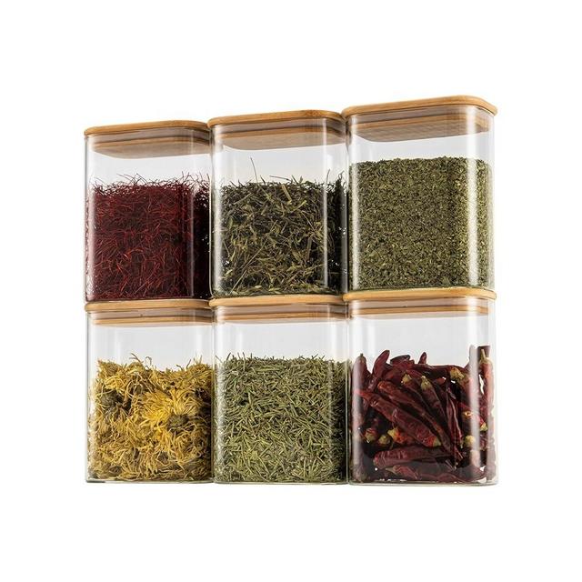 D2scrma 37oz Rectangle Airtight Glass Storage Containers with Bamboo Lids (Set of 6), Square Food Storage Jar, Pantry Organizers for Cereal, Nuts, Snacks and Coffee beans (‎with Black Lable)
