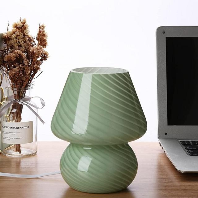 Mushroom Lamp,Glass Mushroom Bedside Table Night Lamps Translucent Murano Vintage Style Striped Small Nightstand Desklamp Swirl Light for Home Decor, Dining, Living, Bedroom, Gift (Stripe Green)