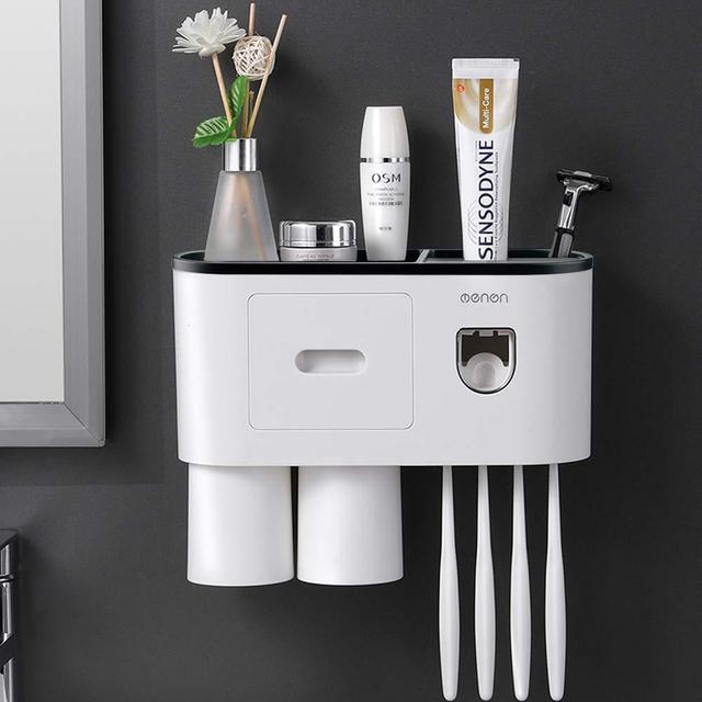 TuCao Automatic Toothpaste Dispenser Squeezer Kit Wall Mounted with Toothbrush Holder, 4 Toothbrush Slots, 2 Cups and Drawers Cosmetic Organizer for Bathroom and Washroom (Black 2 Cups)
