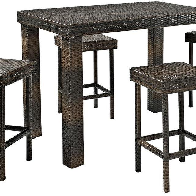 Crosley Furniture Palm Harbor 5-Piece Outdoor Dining Set for 4, Counter Height Wicker Patio Table and Stools, Brown