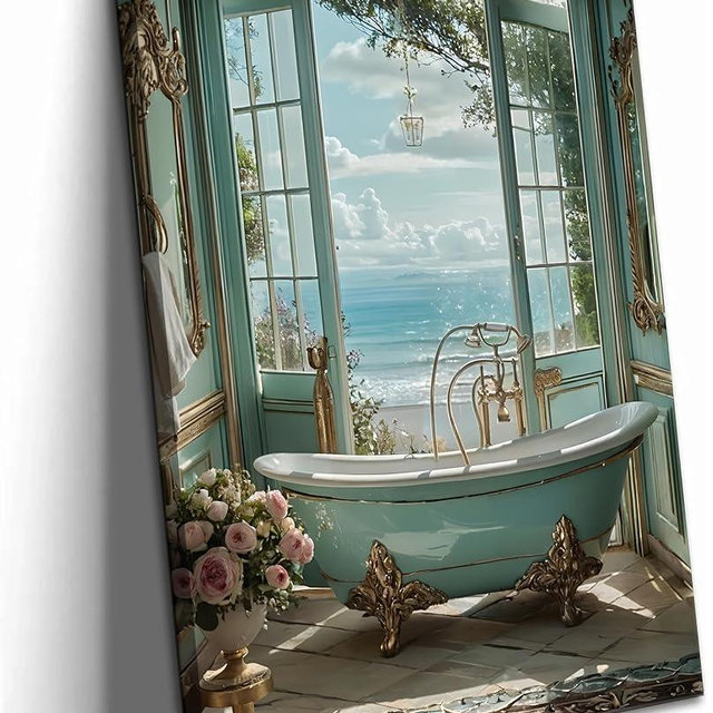 Blue Ocean Theme Bathroom Canvas Wall Art Vintage Teal Bathtub Picture Wall Decor Light Blue Beach Poster Coastal Windows Sea View Painting Print Artwork for Bathroom Toilet Restroom Home Decoration