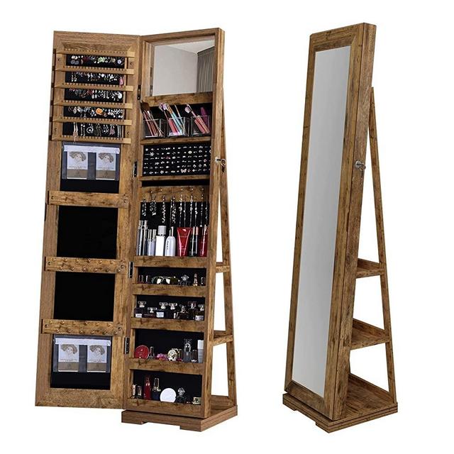 SDHYL 360° Swivel Lockable Jewelry Storage Organizer Floor-Standing Mirror Jewelry Cabinet, S7-QH-7021C-FG-US