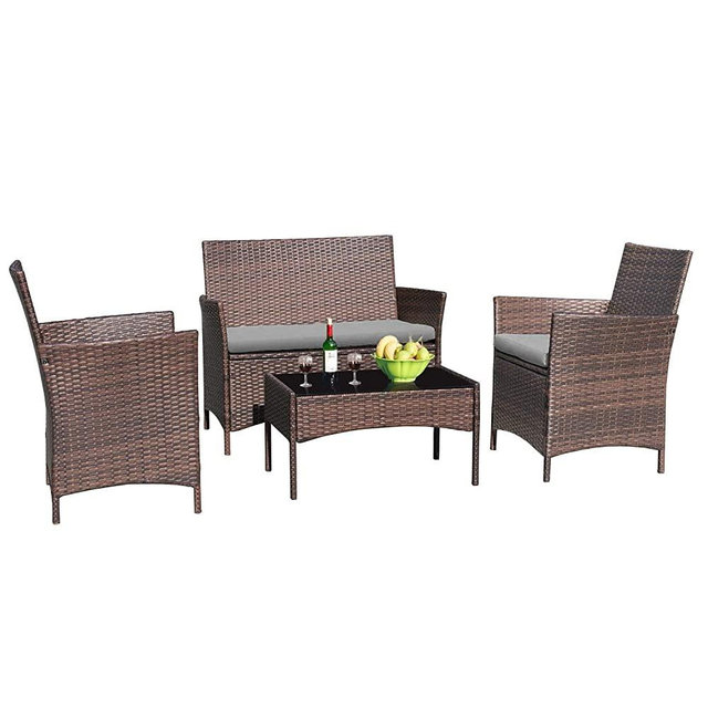 Greesum 4 Pieces Patio Outdoor Rattan Furniture Sets, Wicker Chair Conversation Sets, Garden Backyard Balcony Porch Poolside Furniture Sets with Soft Cushion and Glass Table, Brown and Gray