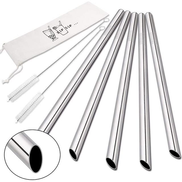 [Angled Tips] 5 Pcs 10" Reusable Boba Straws & Smoothie Straws, 0.5" Wide Stainless Steel Straws, Metal Straws for Bubble Tea / Tapioca Pearl, Milkshakes, Jumbo Drinks | 2 Cleaning Brushes & 1 Case