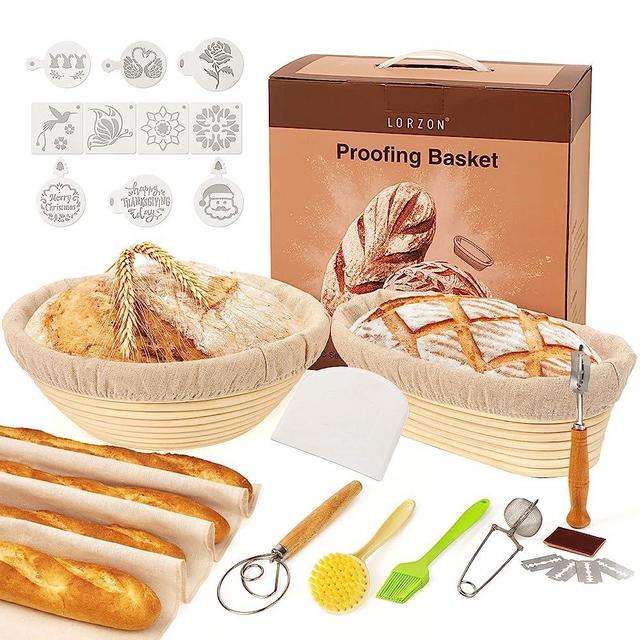 Lorzon Banneton Proofing Basket Set of 2, 10 Inch Round & Oval Cane Bread Proofing Baskets with Sourdough Bread Baking Supplies, Bread Making Kit