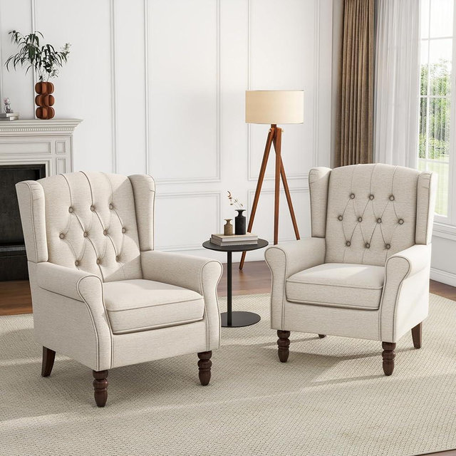 UIXE High Back Accent Chairs Set of 2, Fabric Upholstered Armchair Wingback Club Chair for Living Room, Comfy Single Sofa Bedroom Retro Reading Seat with Solid Wood Legs - Beige