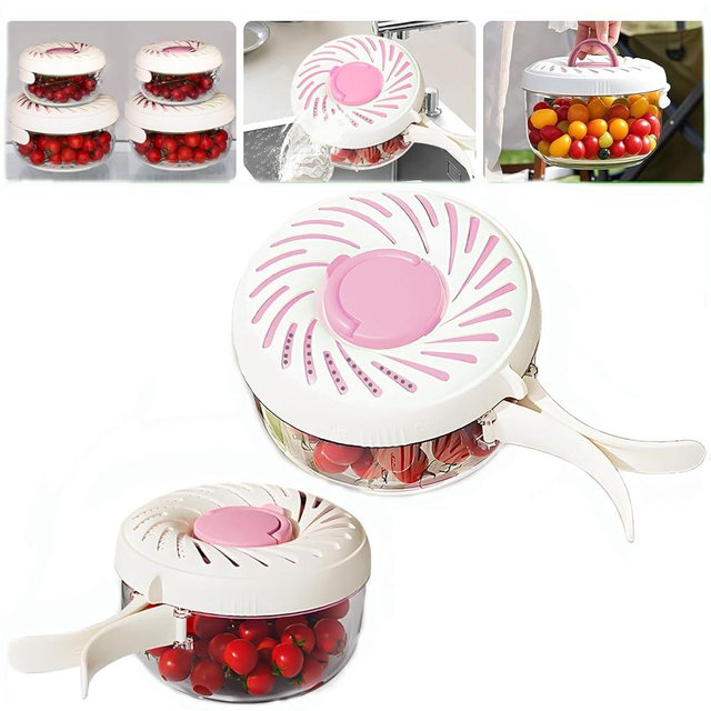 2025 Upgrade Fruit Washing Bowl with Strainer(2.85QT+1QT),3 in 1 Multipurpose Drain Basket with Lid & Ice Box,Foldable Handle Fruit Strainer,Fruit Washer Perfect for Fridge Storage and Outdoor Picnics