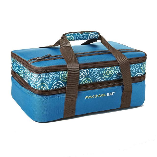 Rachael Ray Expandable Lasagna Lugger, Double Casserole Carrier for Potluck Parties, Picnics, Tailgates - Fits two 9"x13" Casserole Dishes, Marine Blue Floral Medallion