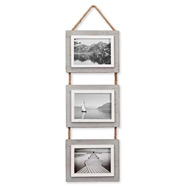 Barnyard Designs Rustic Hanging Picture Frames Set Farmhouse Country Decor Photo Frames Set on Rope - (3) 5" x 7" Frames on Hanging Rope 27" x 9.5"