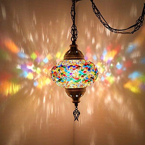 (8 Colors) DEMMEX Turkish Moroccan Mosaic Swag Plug in Pendant Ceiling Hanging Light with 15feet Cord Decorated Chain & North American Plug (Multicolor - 6" Diameter)