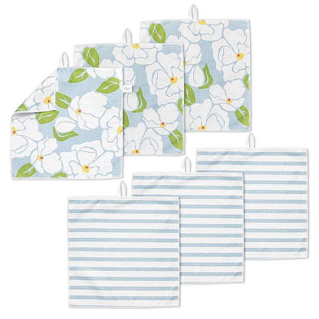 ELYN Microfiber Kitchen Dish Cloth Set, Quick-Dry & Absorbent Waffle Weave Cleaning Towels, Set of 6 Wash Cloths, Paper Towels & Sponge Alternative (Magnolias & Stripe)