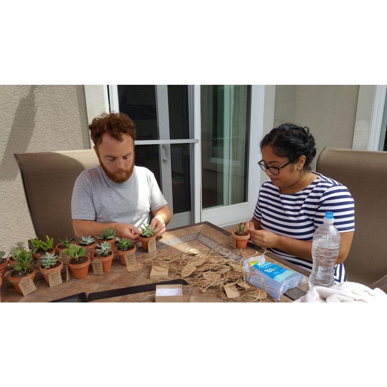 Putting together the favors for the engagement party.