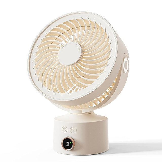 CARONSORT Desk Fan, Small Oscillating Fan for Bedroom, 9 Inch Table Fans Quiet,Desk Air Circulator Fan with 3 Speeds, 4H Time, Rechargeable Fan for Office/Dorm/Room-Beige