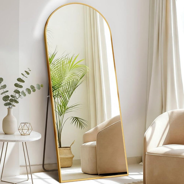 DUMOS Arched Full Length Mirror with Stand Floor Standing Aluminum Frame for Bedroom Body Hanging Leaning Modern Simple Home Decor Shatter-Proorf Nano Glass Wall Living Room Cloakroom Gold 65"x24"