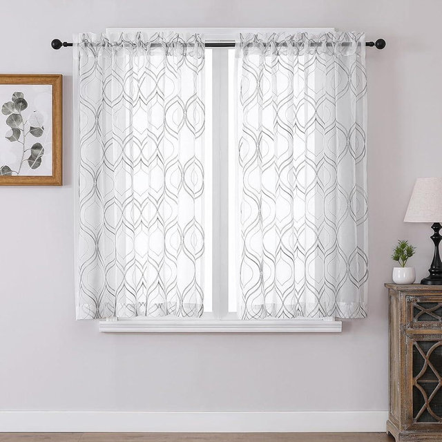 VISIONTEX Moroccan Embroidered Trellis White Sheer Curtains Panels, Damask Textured Rod Pocket Voile Tulle Semi Window Treatment Drapes, Set of 2, Width 54 inch x Length 54 inch, Grey
