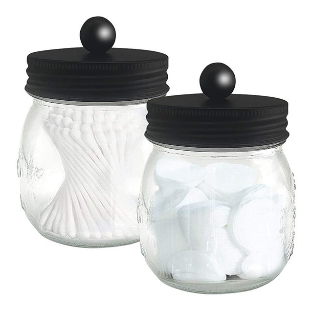 DICOBEE Bathroom Apothecary Jars,Vanity Storage Organizer Canister,for Cotton Swabs-Bath Salt-Rounds,Rustic Vanity Organizer with Black Stainless Steel Lids(2 Pack)