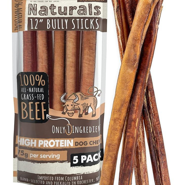 Mighty Paw Naturals Bully Sticks for Dogs - Grass Fed Beef Chews. Dog Bully Sticks for Large Pets, Medium and Small Breeds. Lower Odor Treats for Small Pets. Single Ingredient (12" - 5 Pack)
